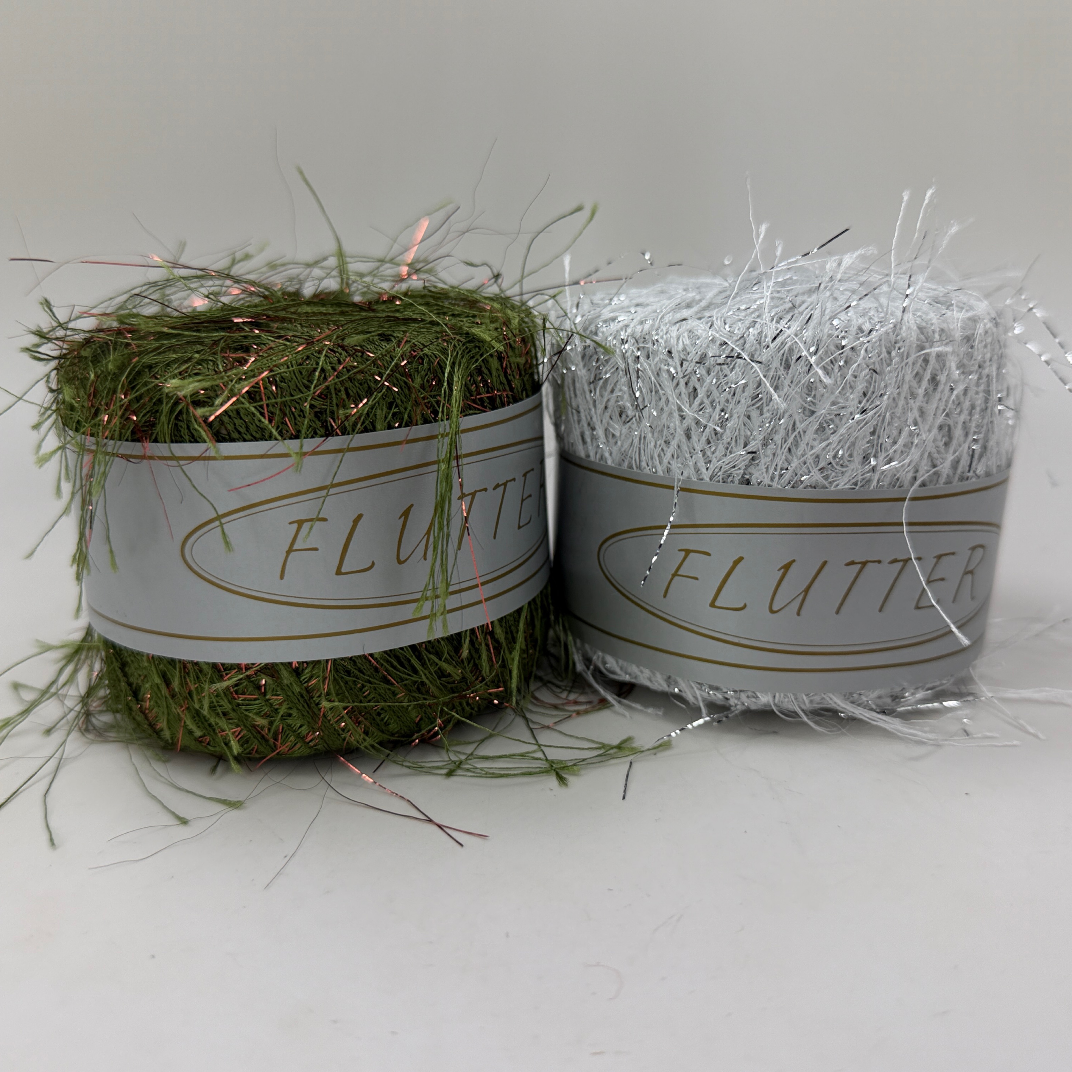 Lot of 2 Flutter Eyelash Novelty Yarn 20g 75yd Green Copper 137 & White Silver