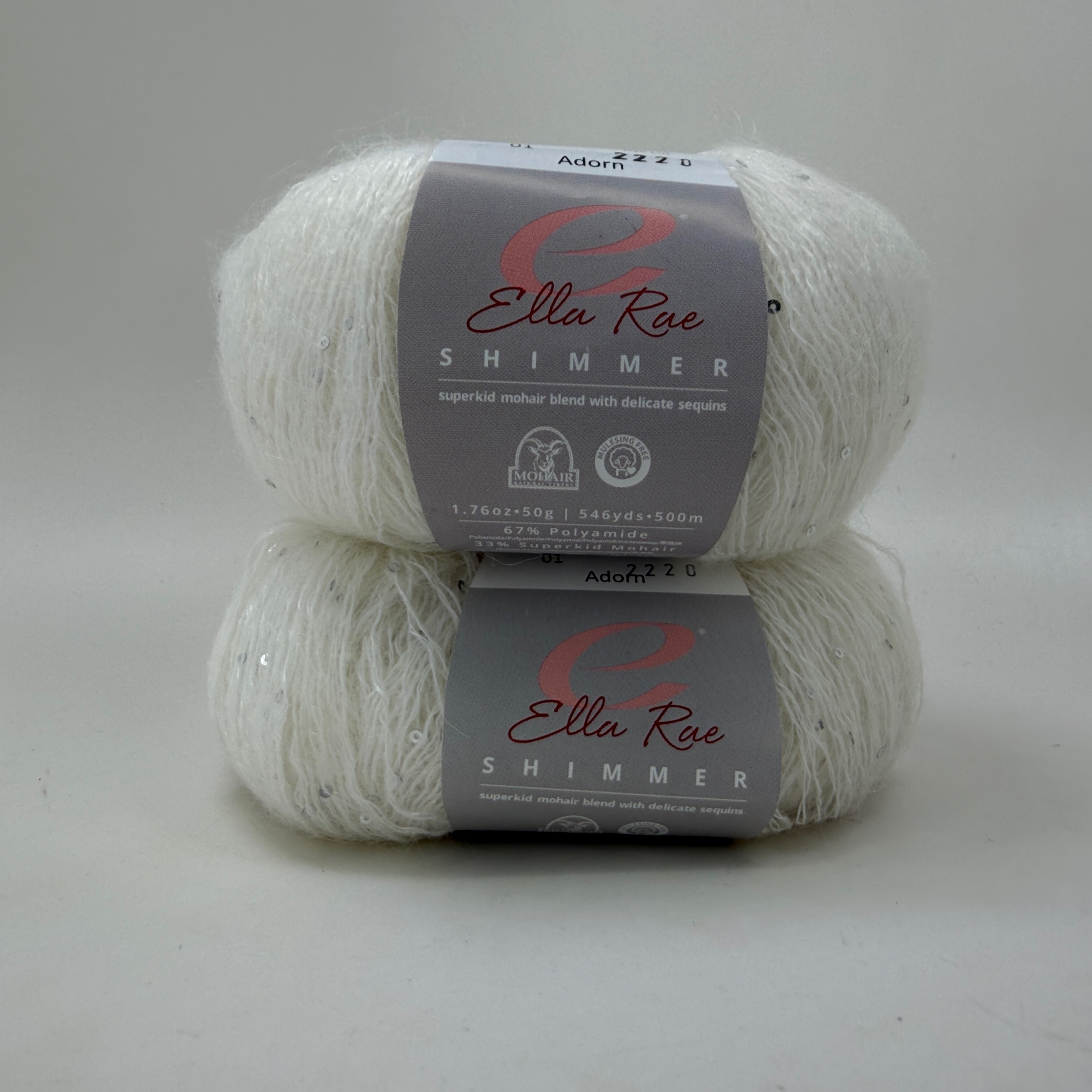 Lot of 2 Ella Rae Shimmer Superkid Mohair Yarn White Sequins Color 01 Adorn 50g