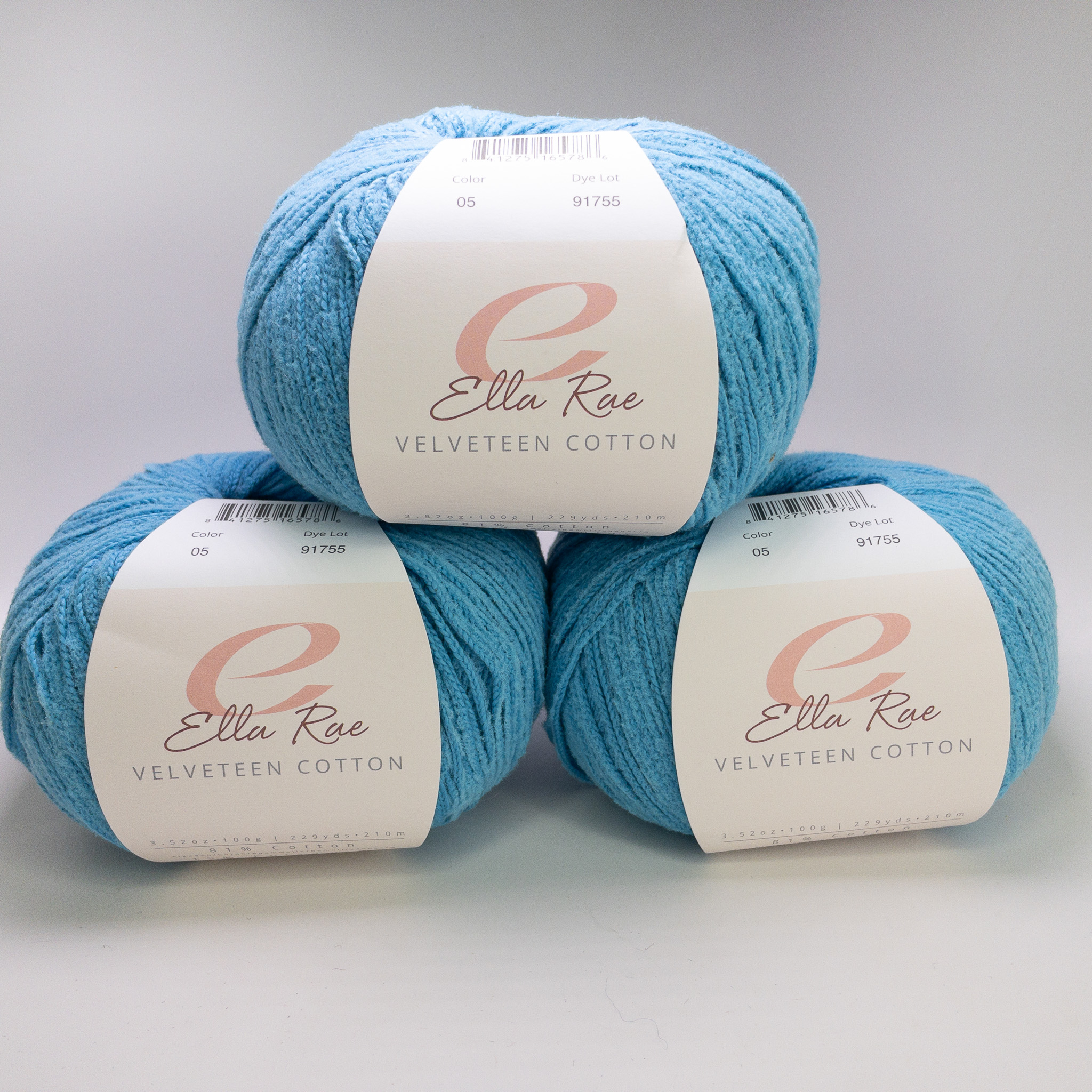 Ella Rae Velveteen Cotton Yarn Blue Color 05 Lot of 3 Skeins Matched Dye Lot