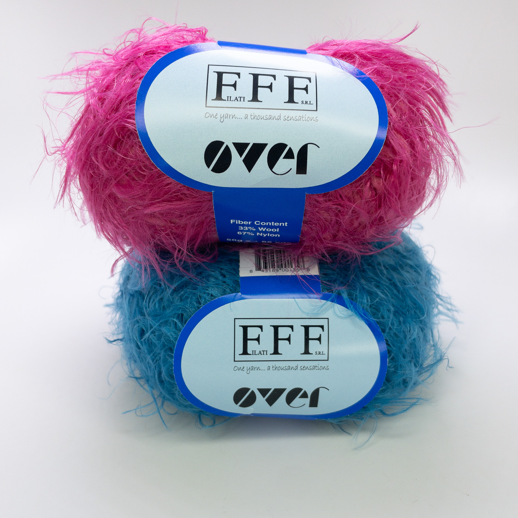 Filati FFF Over Eyelash Yarn Lot of 2 Hot Pink + Teal Blue Fuzzy Fun Fur