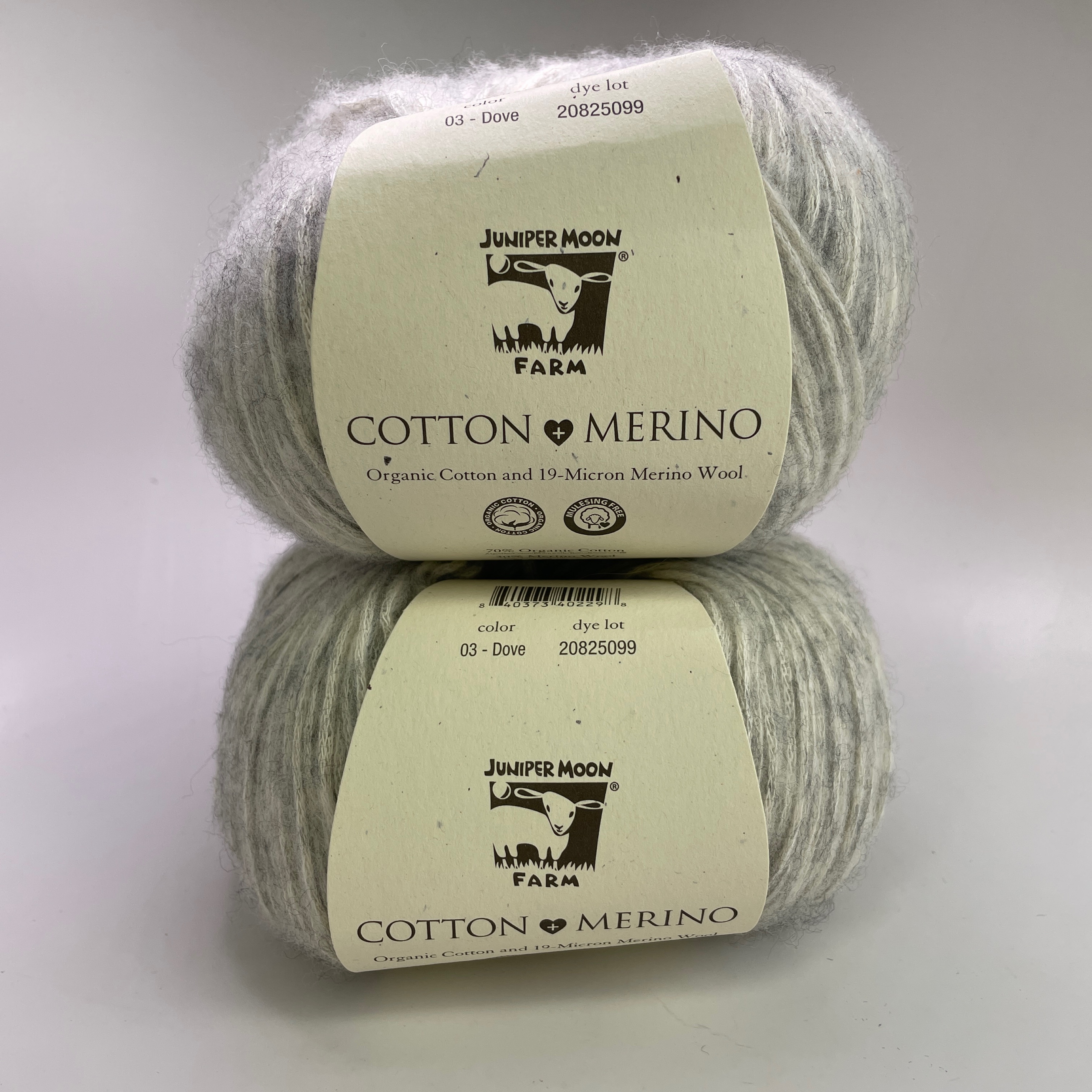 Lot of 2 Juniper Moon Farm Cotton + Merino Yarn Color 03 Dove 200g Total