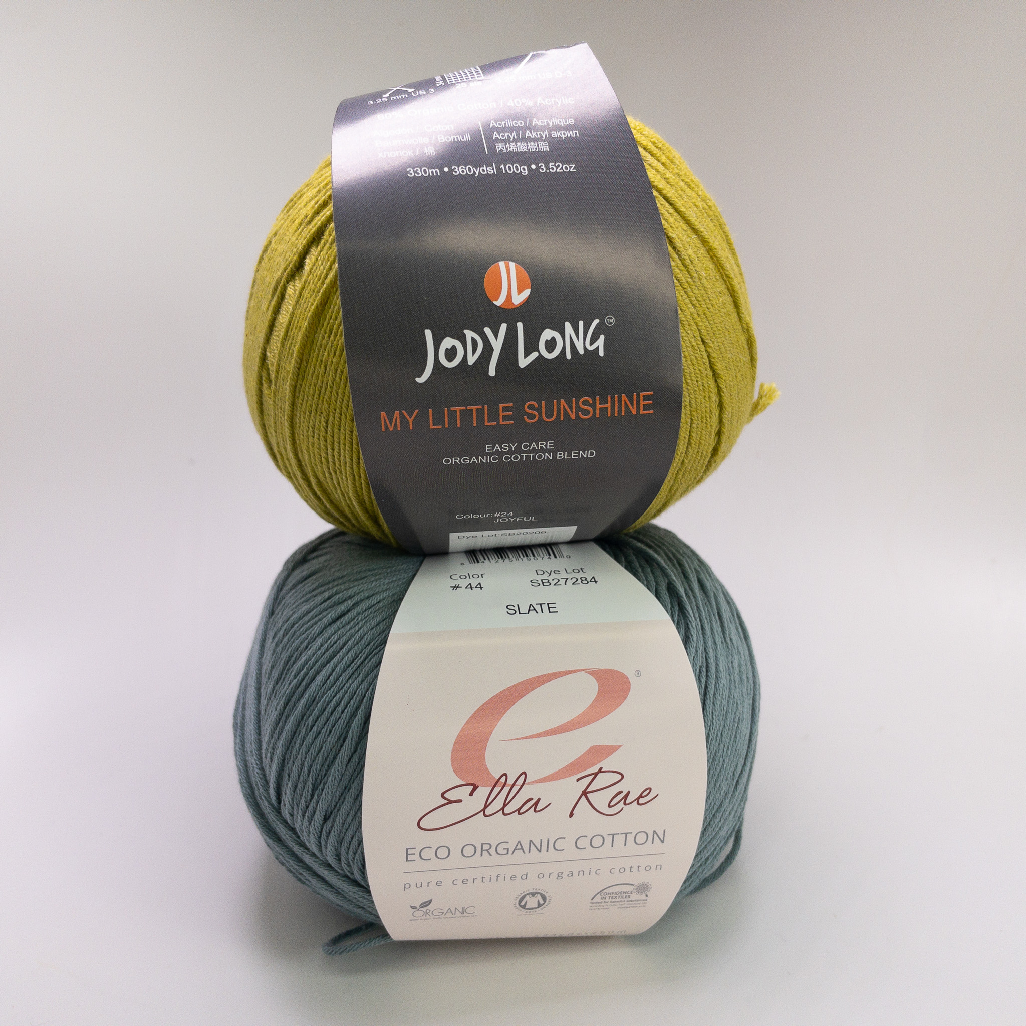 Ella Rae & Jody Long Cotton Yarn Lot (2 Balls) Eco Organic & My Little Sunshine