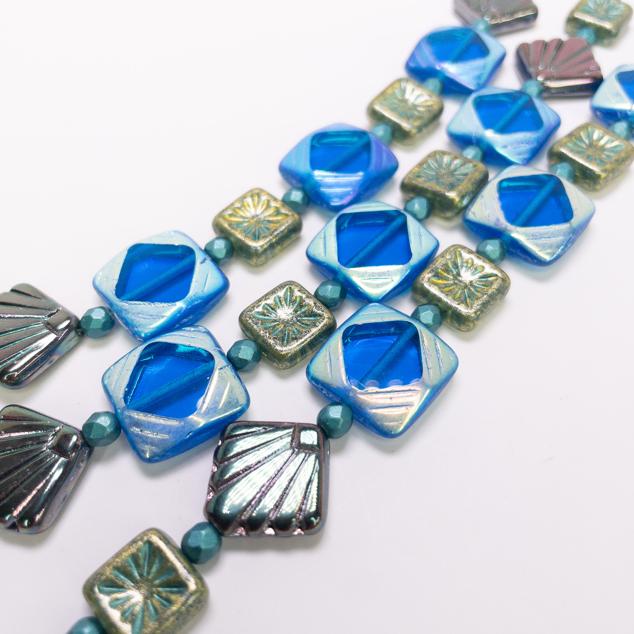Czech Glass Table Cut Fire Polished Mixed Bead Strand 6" Blue Gold Gunmetal