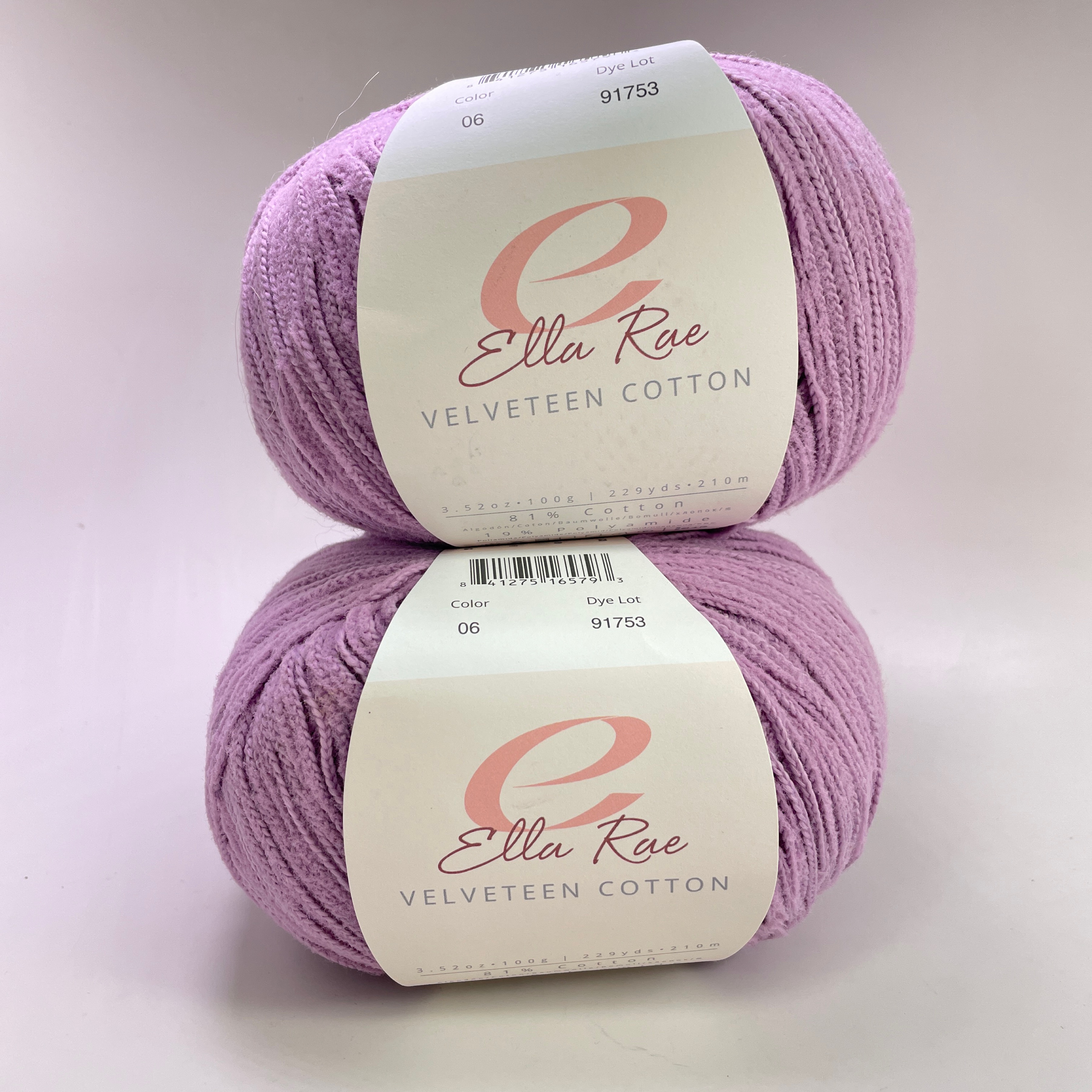 Ella Rae Velveteen Cotton Yarn Color 06 Lavender Lot of 2 Skeins Dye Lot 91753