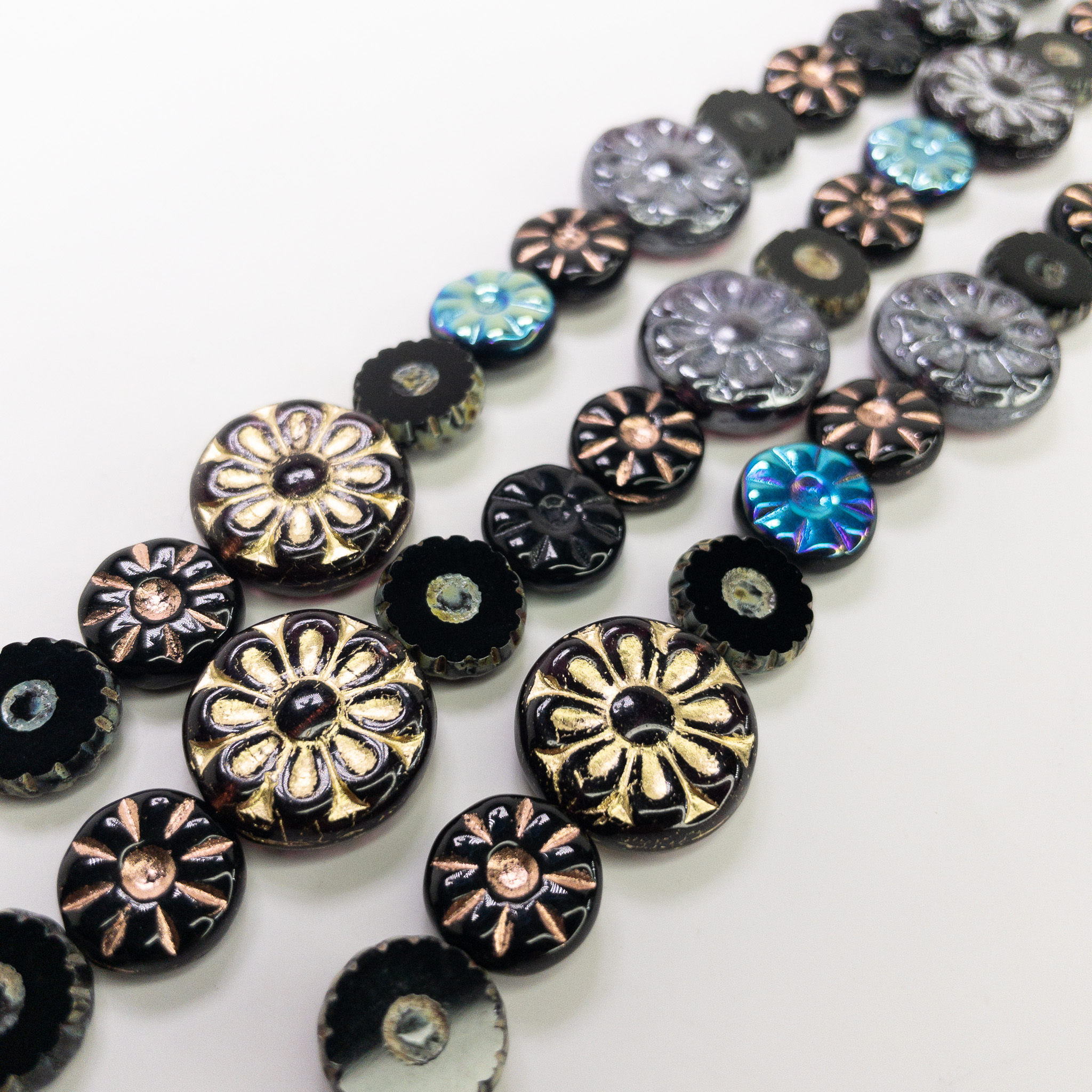 Czech Table Cut Fire Polished Glass Black Sunburst Flower Beads - 6" Strand
