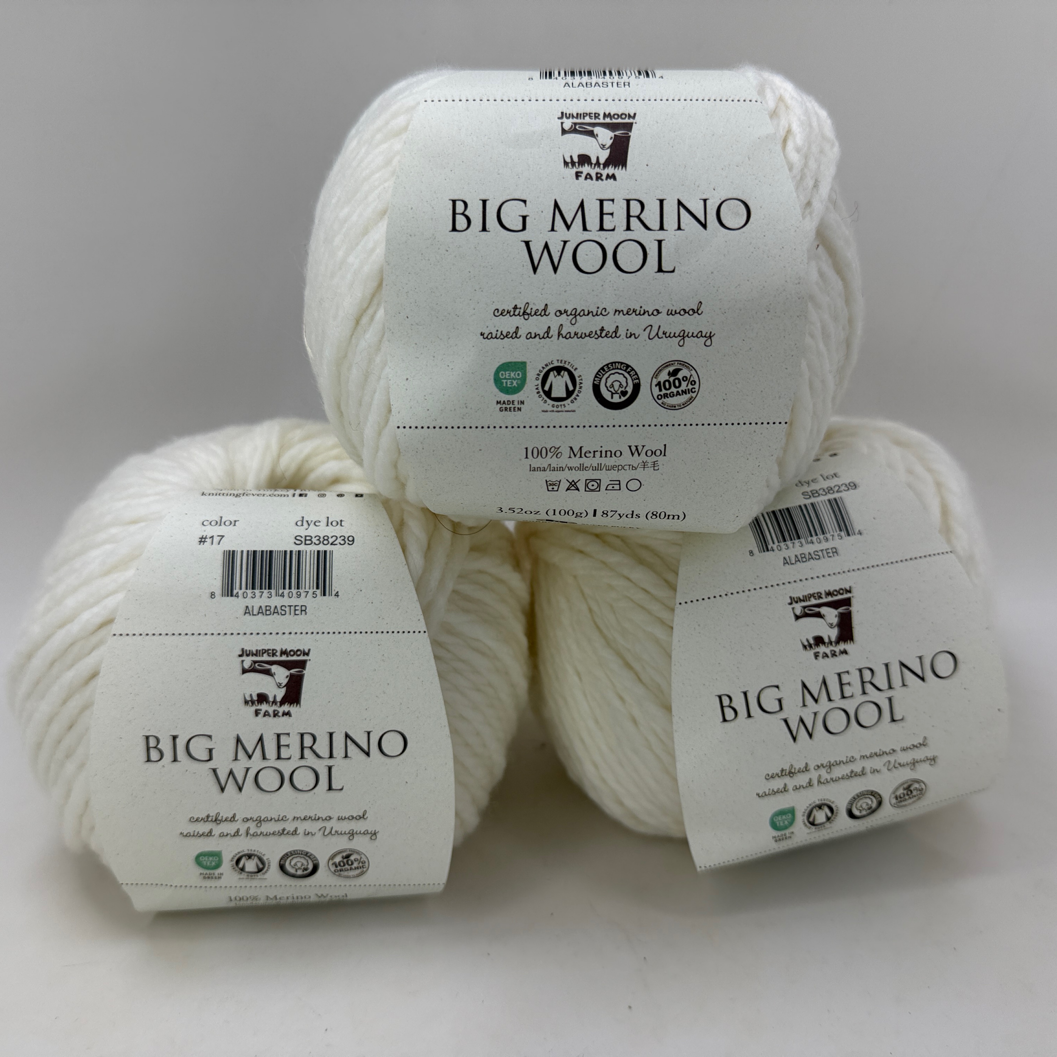 Juniper Moon Farm Big Merino Wool Yarn Alabaster #17 Lot of 3 Matched Dye Lot