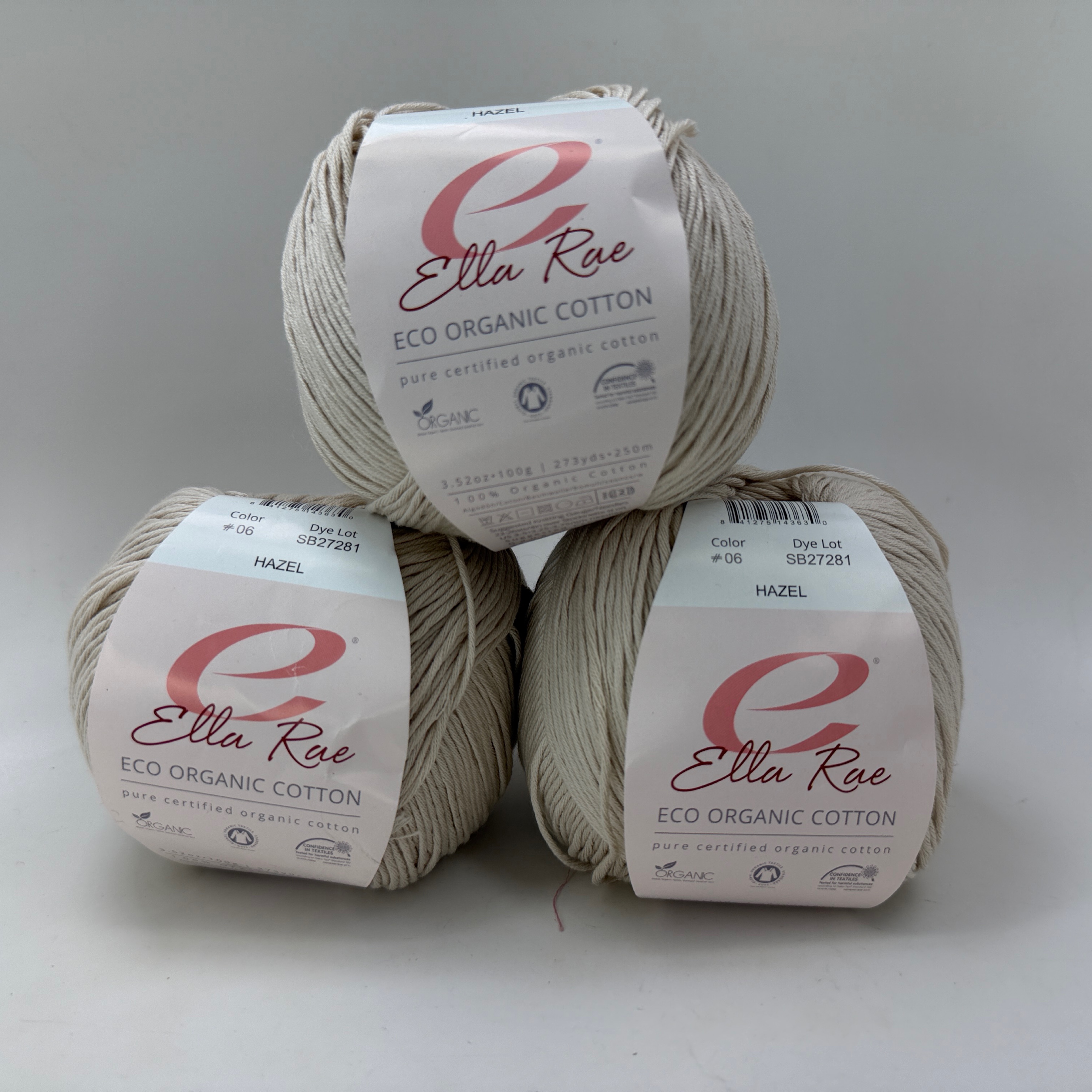 Lot of 3 Ella Rae Eco Organic Cotton Yarn Skeins #06 Hazel 100g 273 yds Each