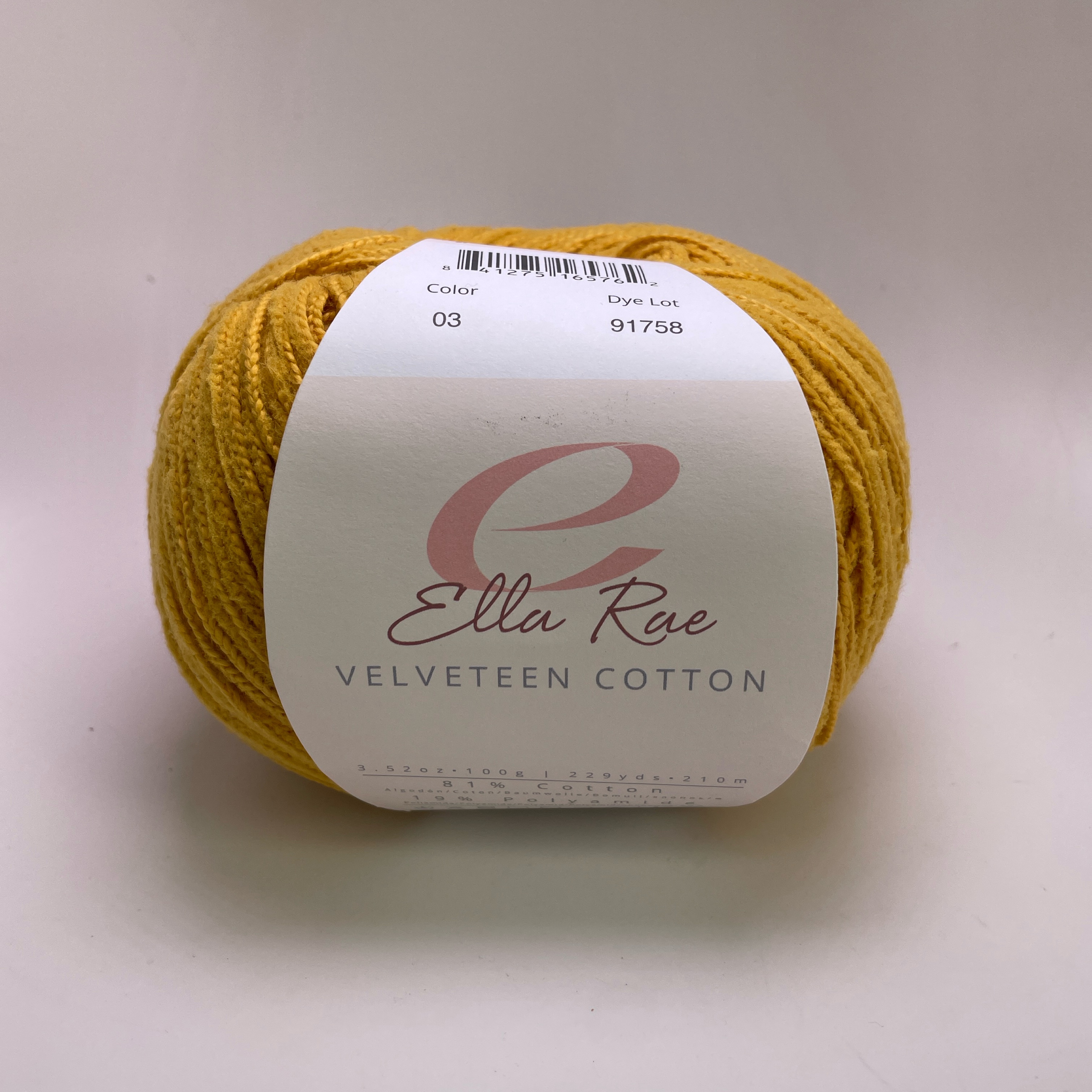 Ella Rae Velveteen Cotton Yarn Color 03 Mustard Yellow 100g Skein 229yds Italy