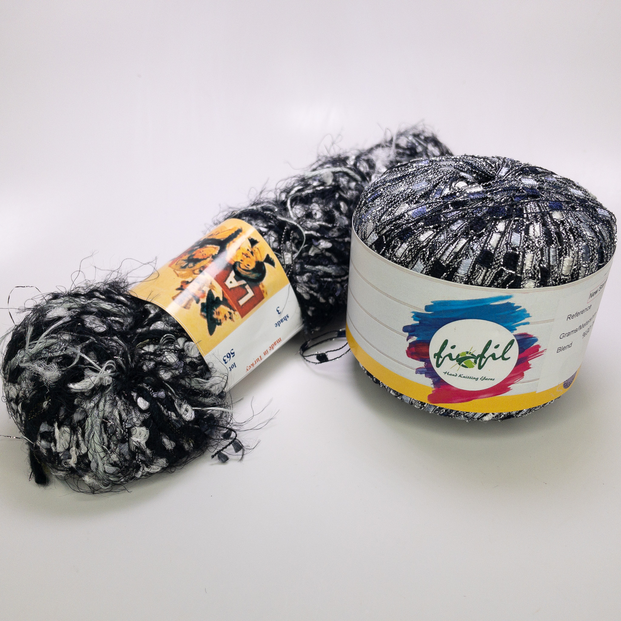 Novelty Yarn Lot of 2 Black Silver Eyelash Metallic Ladder La Boheme Fiofil