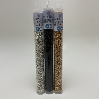 3 Tube Set: 11/0 Miyuki Seed Beads, Gold, Silver, Black, Large 5” Tubes