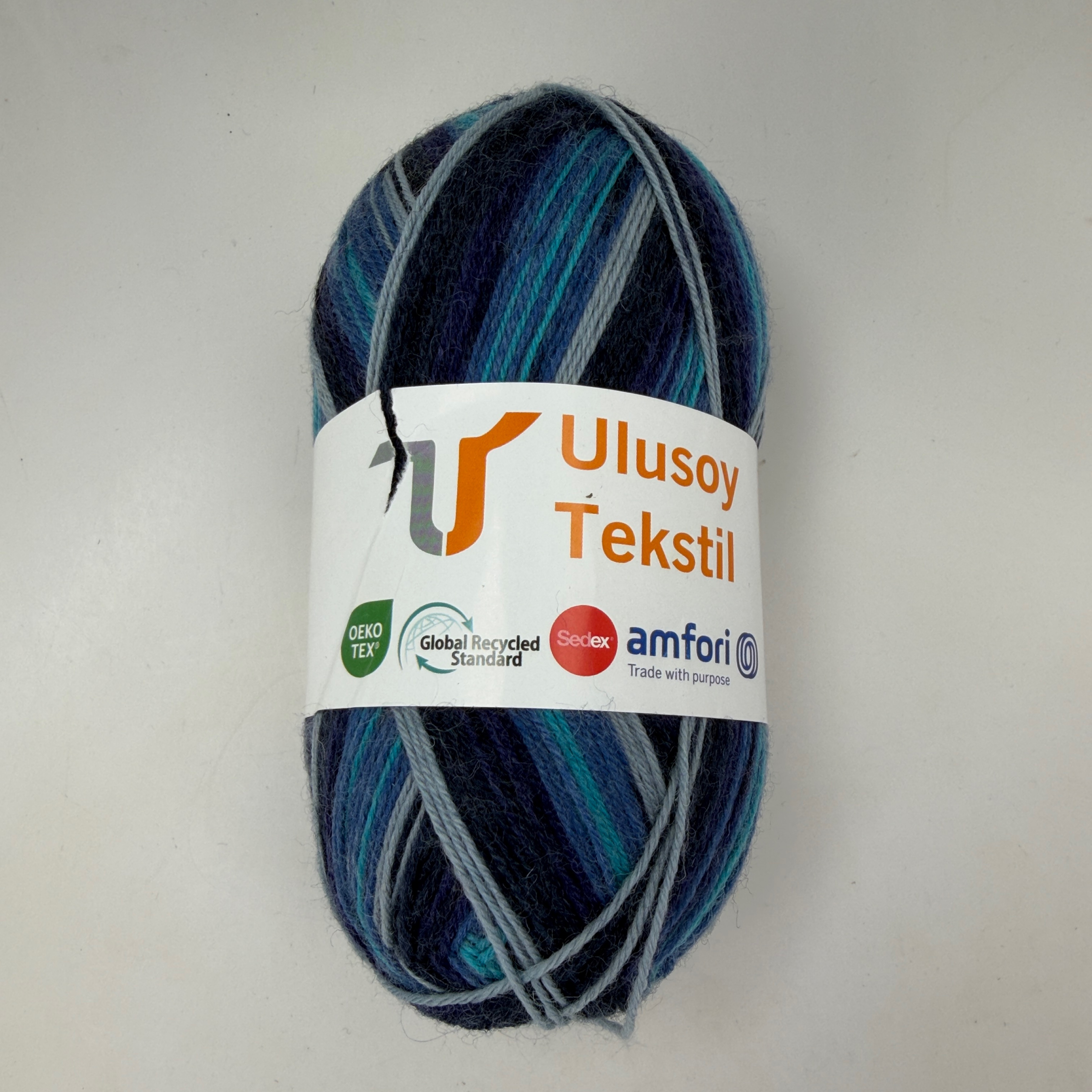 Ulusoy Tekstil Comfy Sock Yarn #07 Blue Teal Grey 100g 75% Wool 25% Nylon