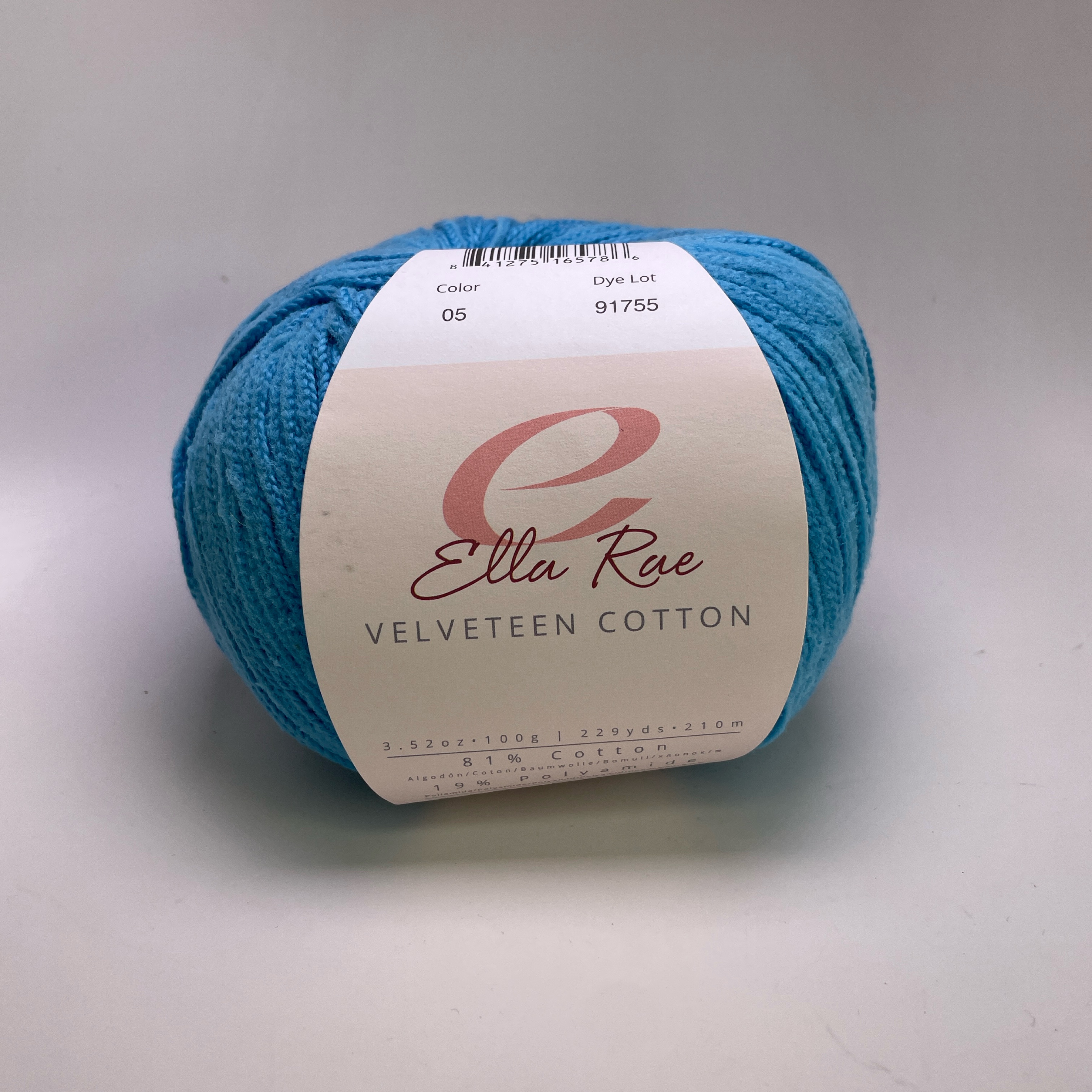 Ella Rae Velveteen Cotton Yarn Color 05 Blue 100g 229yds Soft Cotton Blend