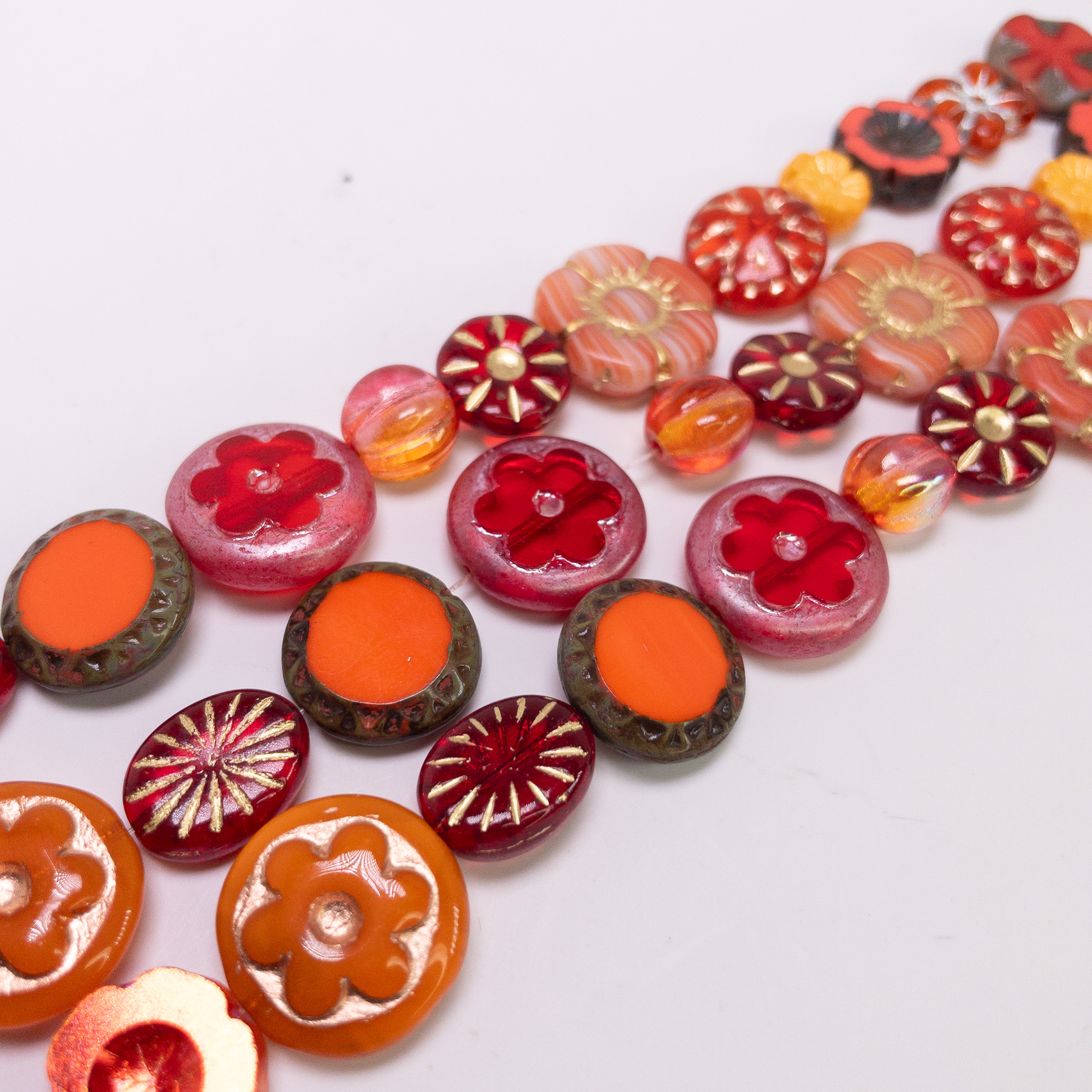 Czech Table Cut Glass Beads Orange Red Mix Single 6" Strand Pressed Glass