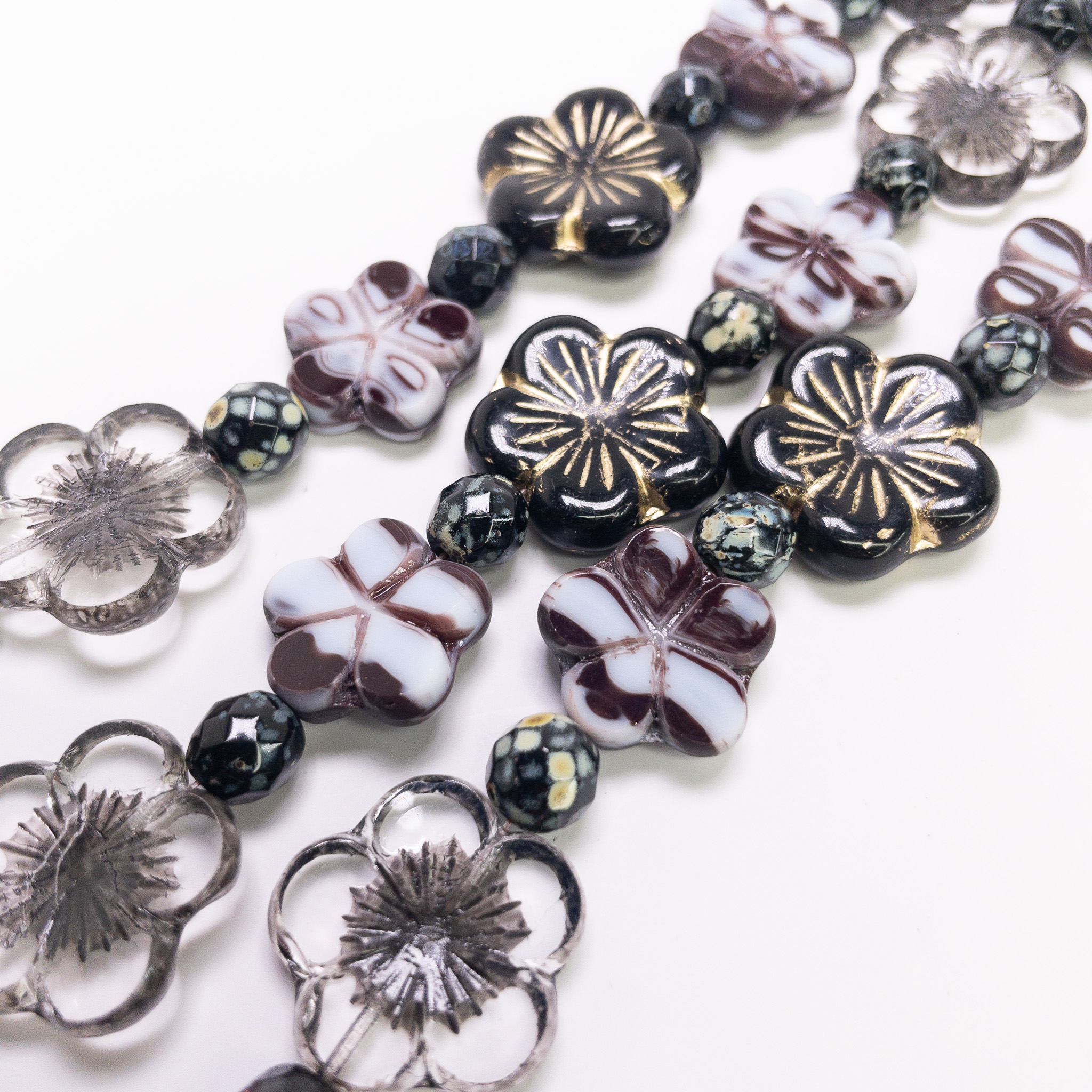 Czech Glass Table Cut Fire Polished Flower Bead Strand 6" Black Gold Grey