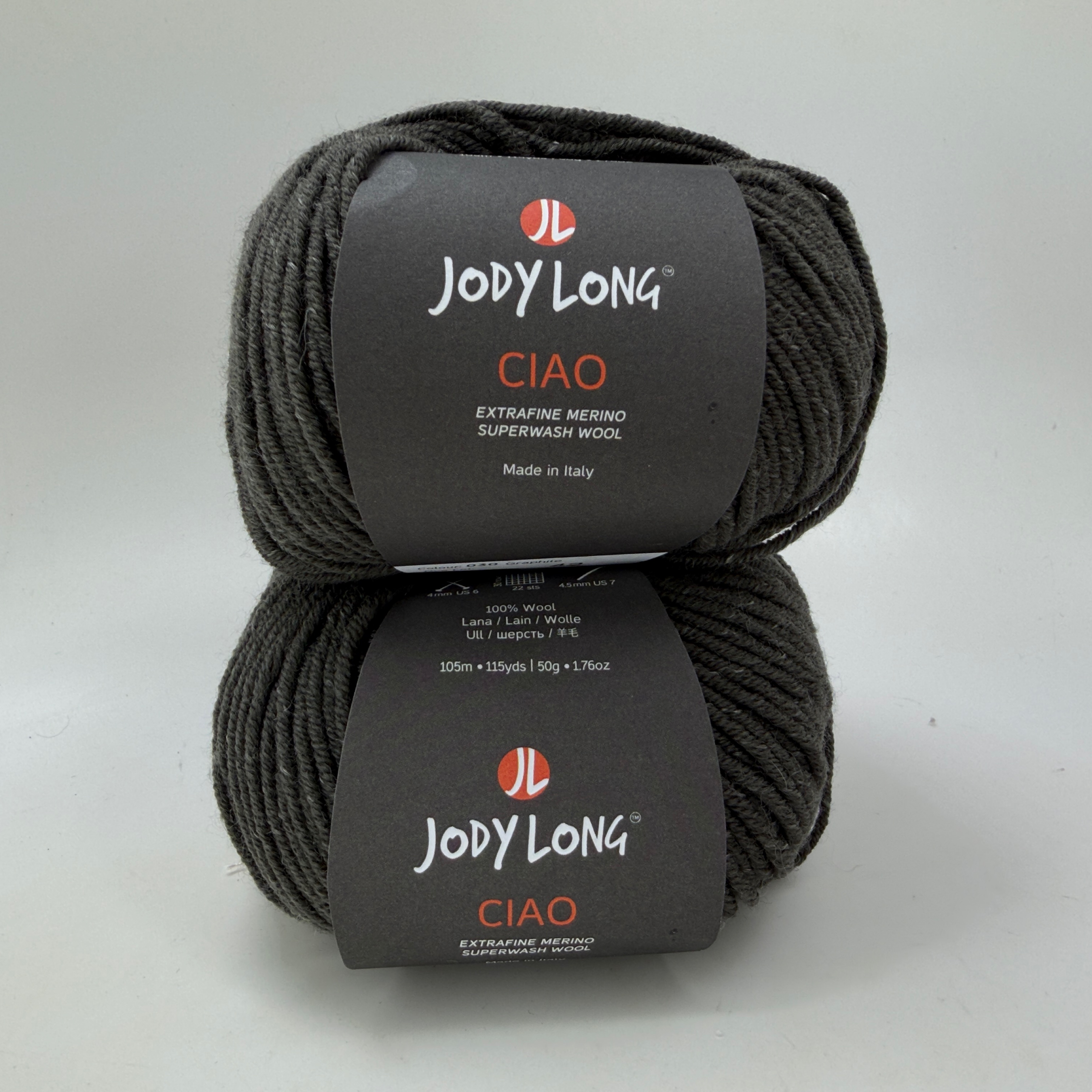 Jody Long Ciao Extrafine Merino Superwash Wool Yarn Lot of 2 - 030 Graphite