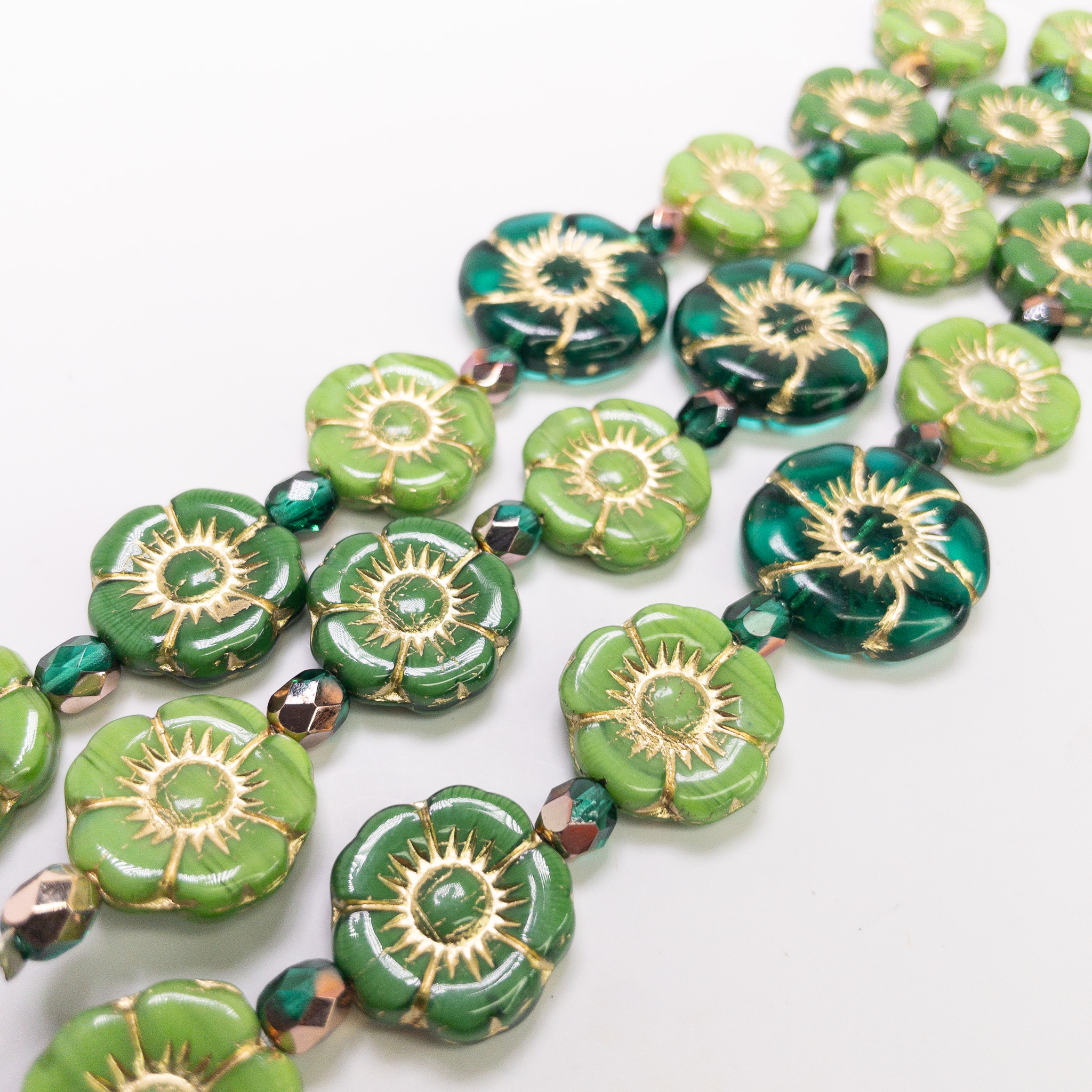 Czech Glass Table Cut Hibiscus Flower Beads 12mm Green Mix Gold Wash 6" Strand